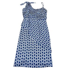 Banana Republic Petite 00 One Shoulder Tie Dress Blue White Geo Print Summer‎
